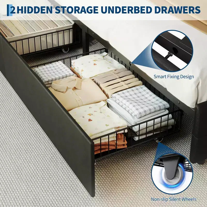 Full Size Bed Frame with 2 Storage Drawers,Upholstered Bed Frame Full with LED Light,Double-Layer Bedside Headboard with Charging Socket and USB Port