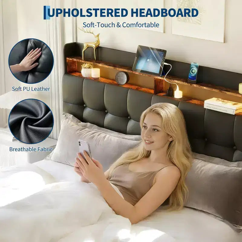 Full Size Bed Frame with 2 Storage Drawers,Upholstered Bed Frame Full with LED Light,Double-Layer Bedside Headboard with Charging Socket and USB Port