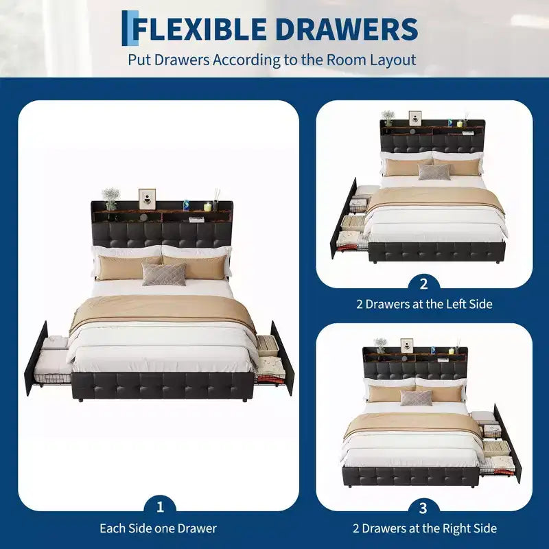 Full Size Bed Frame with 2 Storage Drawers,Upholstered Bed Frame Full with LED Light,Double-Layer Bedside Headboard with Charging Socket and USB Port