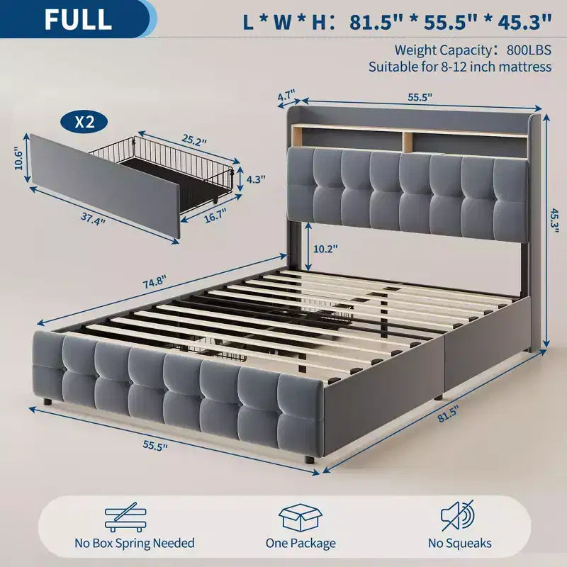 Full Size Bed Frame with 2 Storage Drawers,Upholstered Bed Frame Full with LED Light,Double-Layer Bedside Headboard with Charging Socket and USB Port