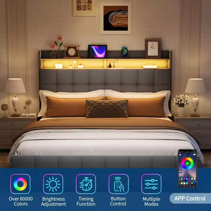 Full Size Bed Frame with 2 Storage Drawers,Upholstered Bed Frame Full with LED Light,Double-Layer Bedside Headboard with Charging Socket and USB Port