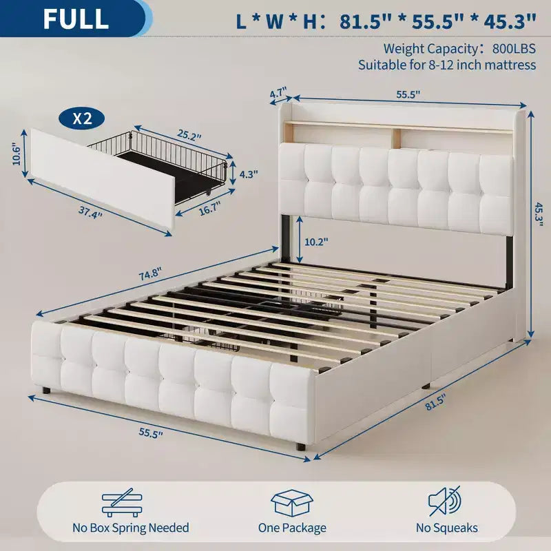 Full Size Bed Frame with 2 Storage Drawers,Upholstered Bed Frame Full with LED Light,Double-Layer Bedside Headboard with Charging Socket and USB Port