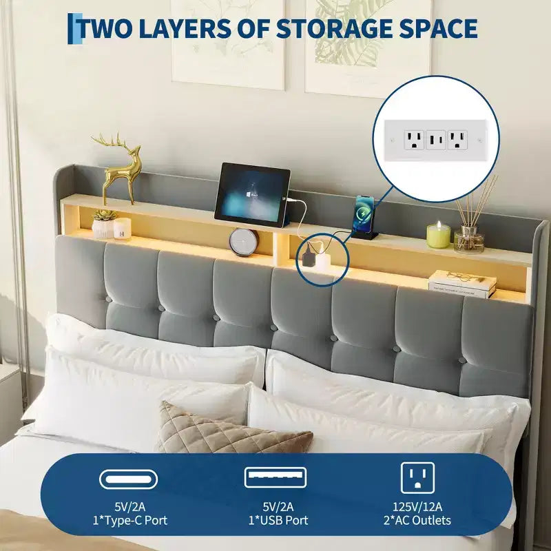 Full Size Bed Frame with 2 Storage Drawers,Upholstered Bed Frame Full with LED Light,Double-Layer Bedside Headboard with Charging Socket and USB Port