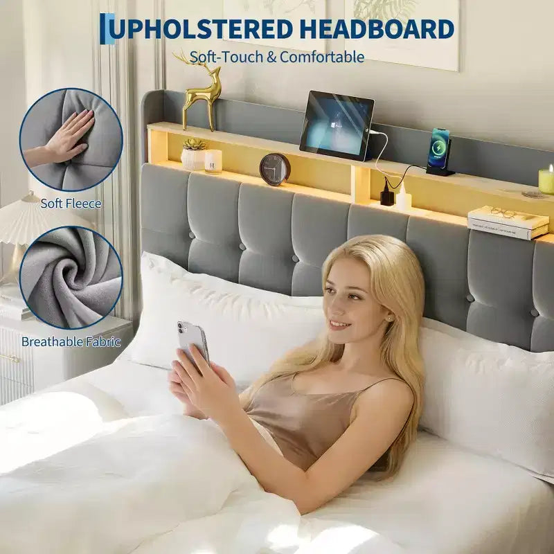 Full Size Bed Frame with 2 Storage Drawers,Upholstered Bed Frame Full with LED Light,Double-Layer Bedside Headboard with Charging Socket and USB Port