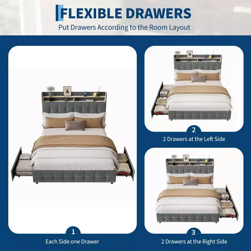 Full Size Bed Frame with 2 Storage Drawers,Upholstered Bed Frame Full with LED Light,Double-Layer Bedside Headboard with Charging Socket and USB Port