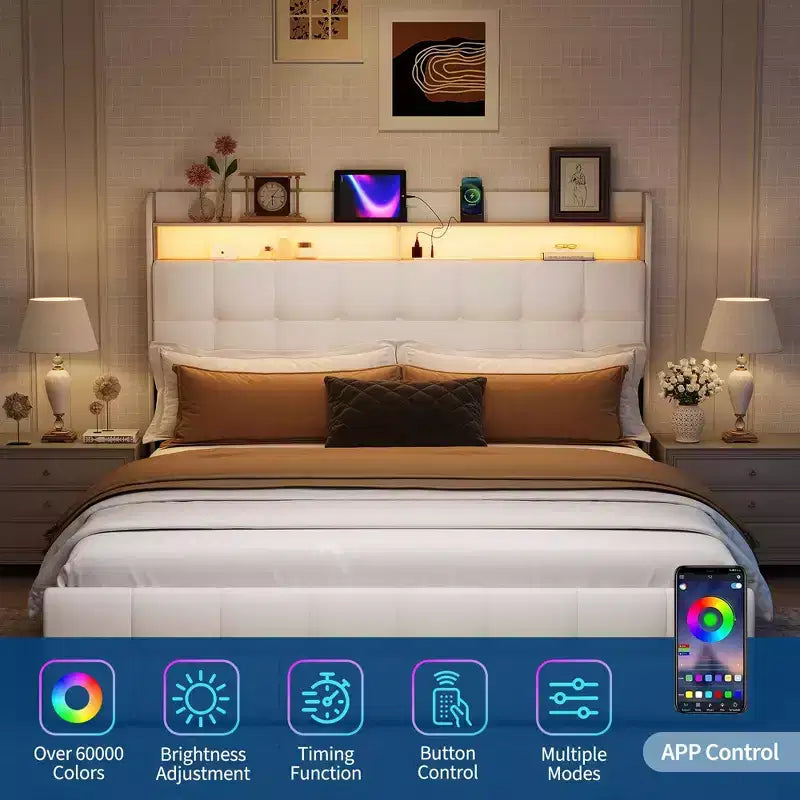 Full Size Bed Frame with 2 Storage Drawers,Upholstered Bed Frame Full with LED Light,Double-Layer Bedside Headboard with Charging Socket and USB Port