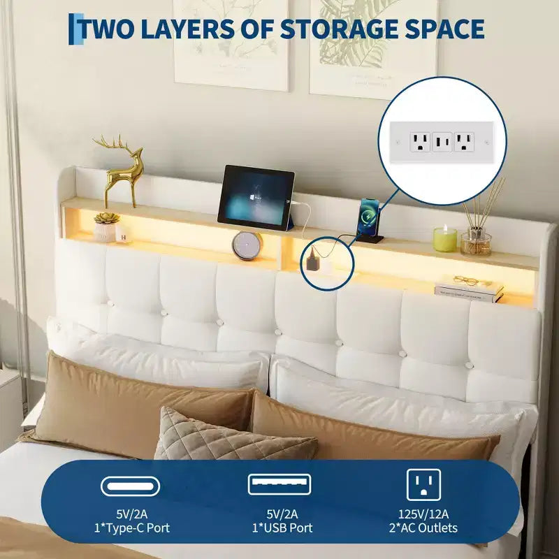 Full Size Bed Frame with 2 Storage Drawers,Upholstered Bed Frame Full with LED Light,Double-Layer Bedside Headboard with Charging Socket and USB Port