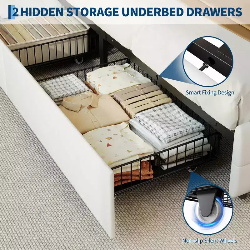 Full Size Bed Frame with 2 Storage Drawers,Upholstered Bed Frame Full with LED Light,Double-Layer Bedside Headboard with Charging Socket and USB Port