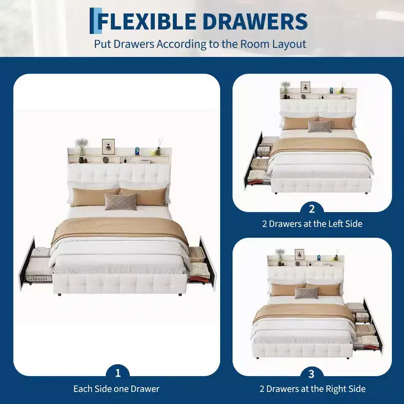 Full Size Bed Frame with 2 Storage Drawers,Upholstered Bed Frame Full with LED Light,Double-Layer Bedside Headboard with Charging Socket and USB Port
