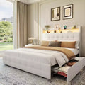 Full Size Bed Frame with 2 Storage Drawers,Upholstered Bed Frame Full with LED Light,Double-Layer Bedside Headboard with Charging Socket and USB Port
