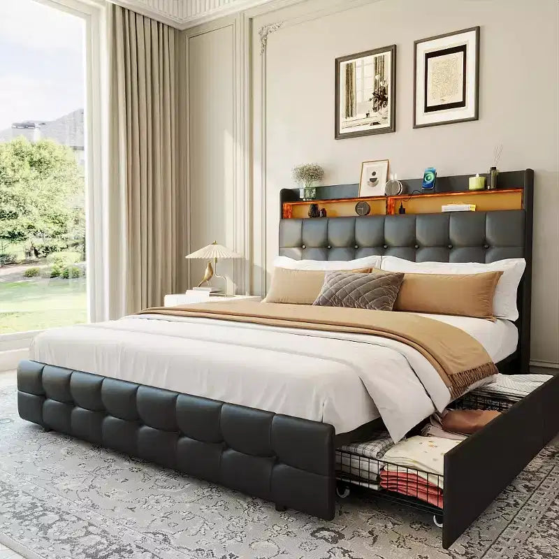 Full Size Bed Frame with 2 Storage Drawers,Upholstered Bed Frame Full with LED Light,Double-Layer Bedside Headboard with Charging Socket and USB Port