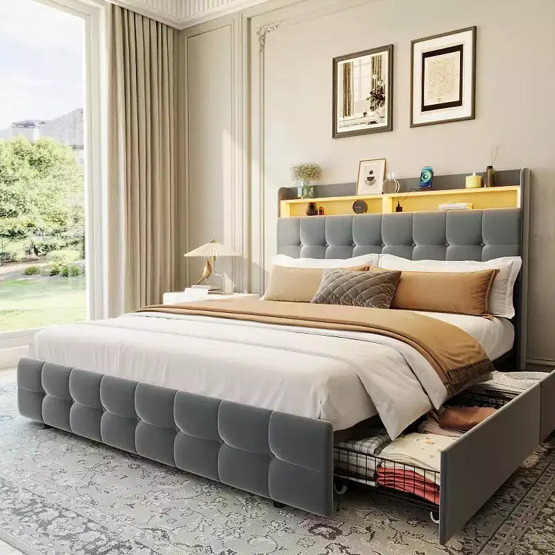 Full Size Bed Frame with 2 Storage Drawers,Upholstered Bed Frame Full with LED Light,Double-Layer Bedside Headboard with Charging Socket and USB Port