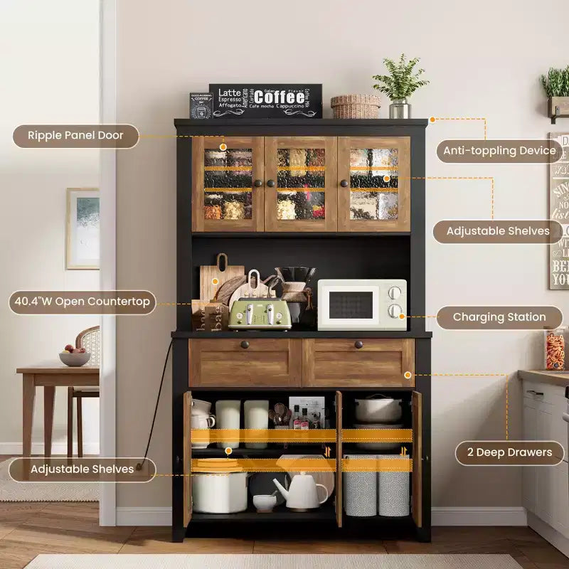 66 Tall Pantry Cabinet with LED Lights, Charging Station, Storage Drawers and Adjustable Shelves for Dining Room, Living Room