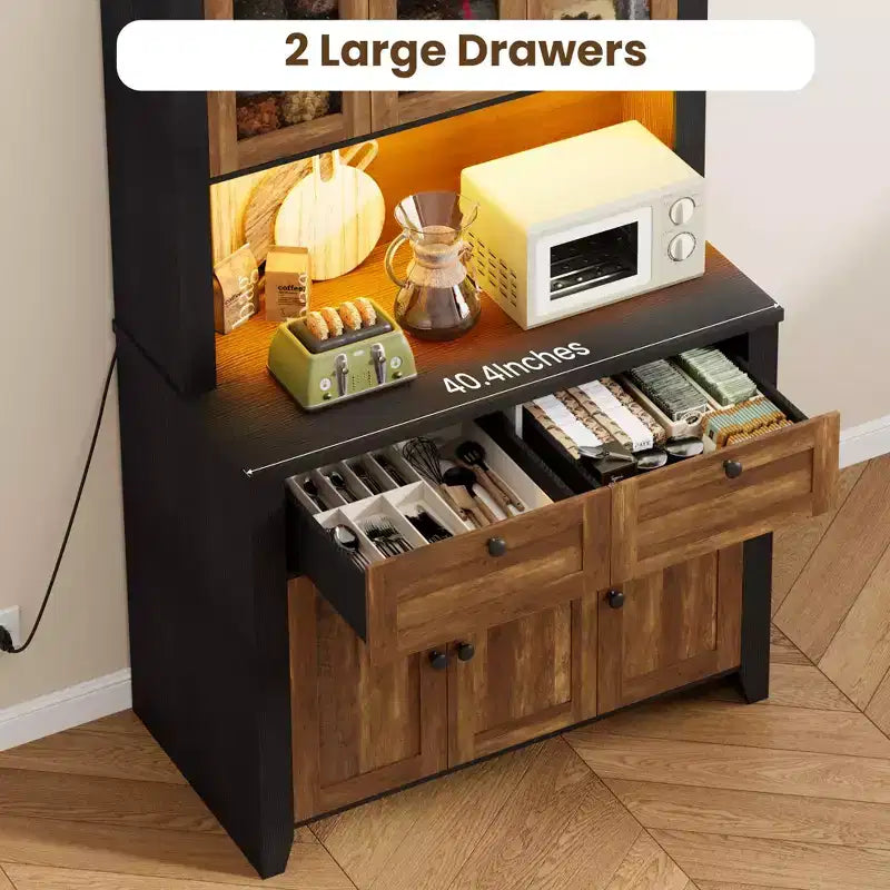 66 Tall Pantry Cabinet with LED Lights, Charging Station, Storage Drawers and Adjustable Shelves for Dining Room, Living Room