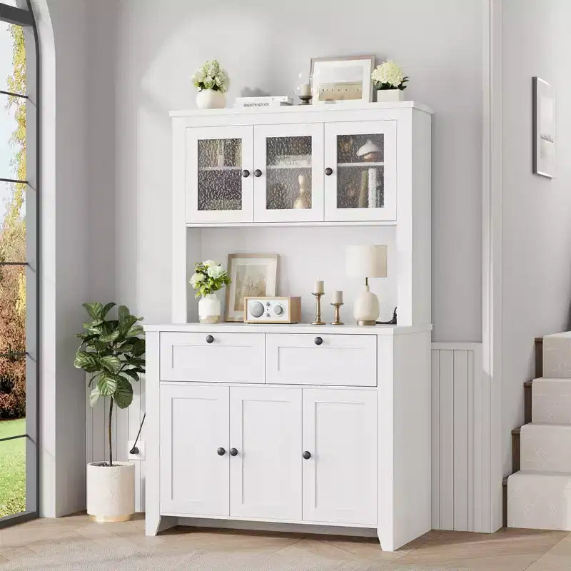 66 Tall Pantry Cabinet with LED Lights, Charging Station, Storage Drawers and Adjustable Shelves for Dining Room, Living Room