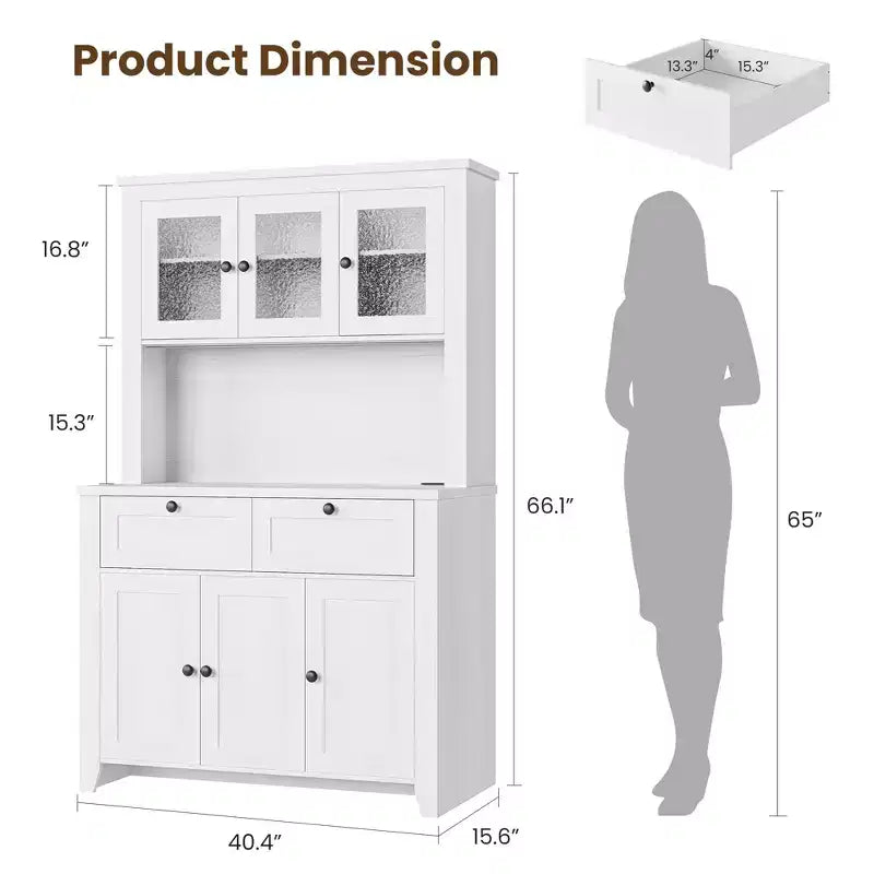 66 Tall Pantry Cabinet with LED Lights, Charging Station, Storage Drawers and Adjustable Shelves for Dining Room, Living Room