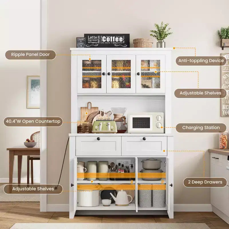 66 Tall Pantry Cabinet with LED Lights, Charging Station, Storage Drawers and Adjustable Shelves for Dining Room, Living Room