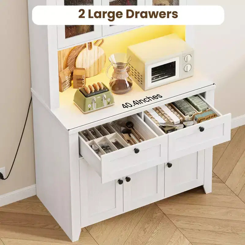 66 Tall Pantry Cabinet with LED Lights, Charging Station, Storage Drawers and Adjustable Shelves for Dining Room, Living Room