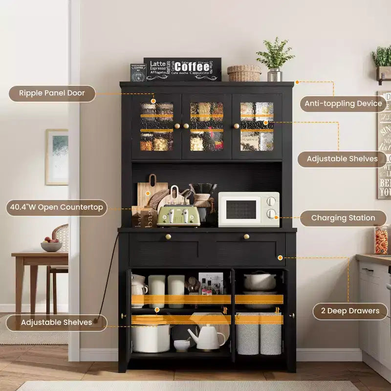66 Tall Pantry Cabinet with LED Lights, Charging Station, Storage Drawers and Adjustable Shelves for Dining Room, Living Room