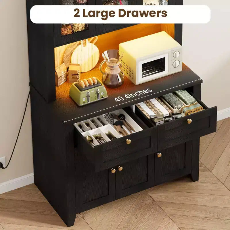 66 Tall Pantry Cabinet with LED Lights, Charging Station, Storage Drawers and Adjustable Shelves for Dining Room, Living Room