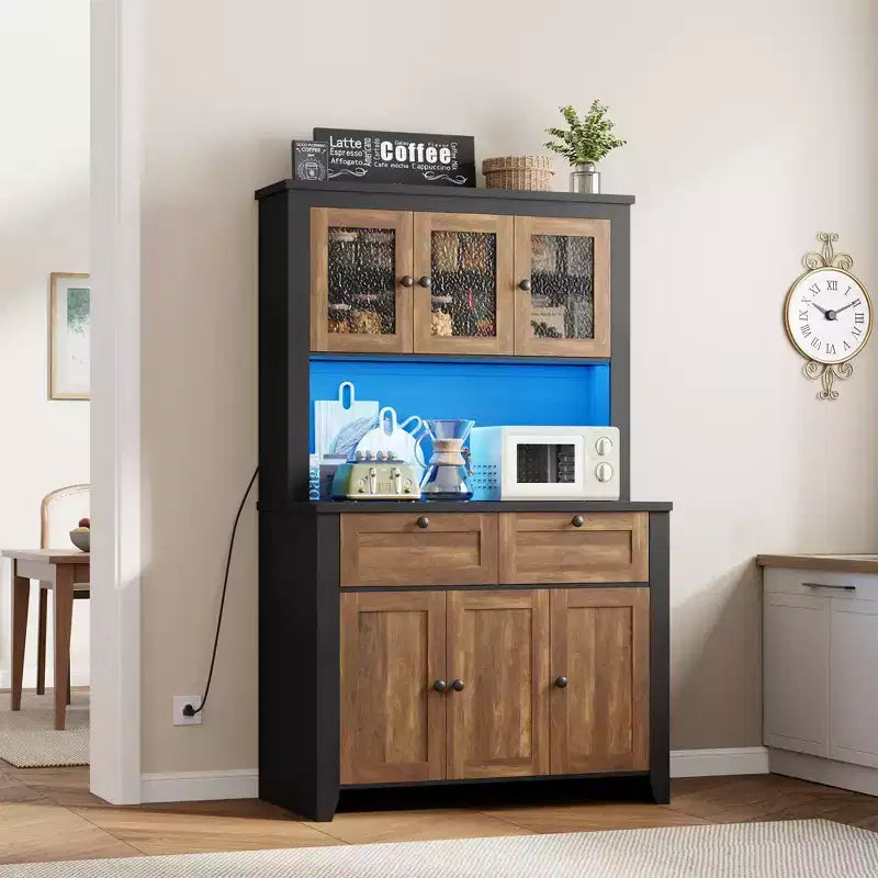 66 Tall Pantry Cabinet with LED Lights, Charging Station, Storage Drawers and Adjustable Shelves for Dining Room, Living Room