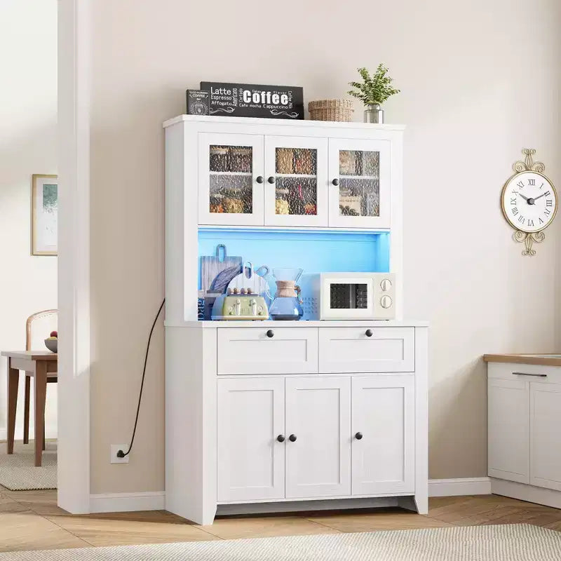 66 Tall Pantry Cabinet with LED Lights, Charging Station, Storage Drawers and Adjustable Shelves for Dining Room, Living Room