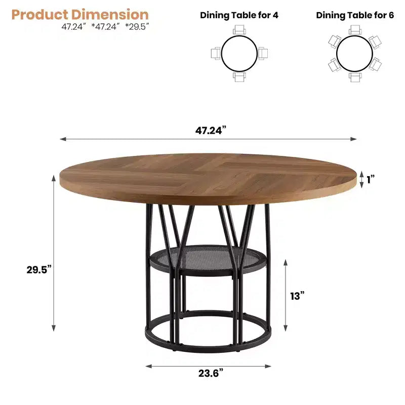 Coolmee 47 Round Dining Table with Storage, Modern Kitchen Table for 4-6, Metal Frame Circle Dinner Table for Small Space, Apartment, Living Room