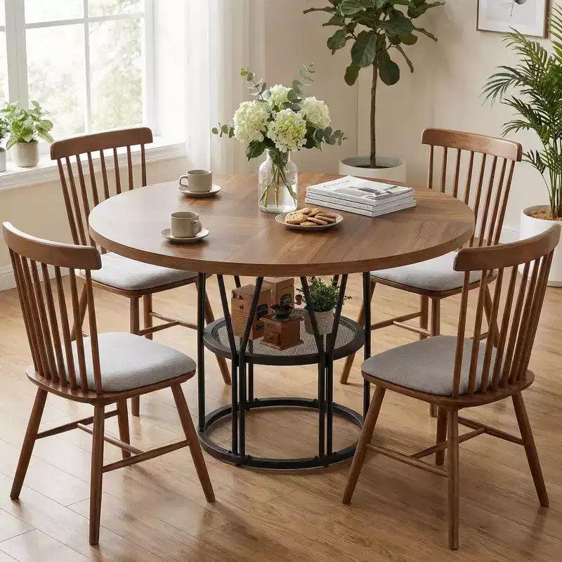Coolmee 47 Round Dining Table with Storage, Modern Kitchen Table for 4-6, Metal Frame Circle Dinner Table for Small Space, Apartment, Living Room