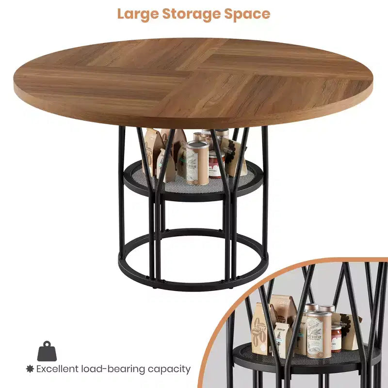Coolmee 47 Round Dining Table with Storage, Modern Kitchen Table for 4-6, Metal Frame Circle Dinner Table for Small Space, Apartment, Living Room