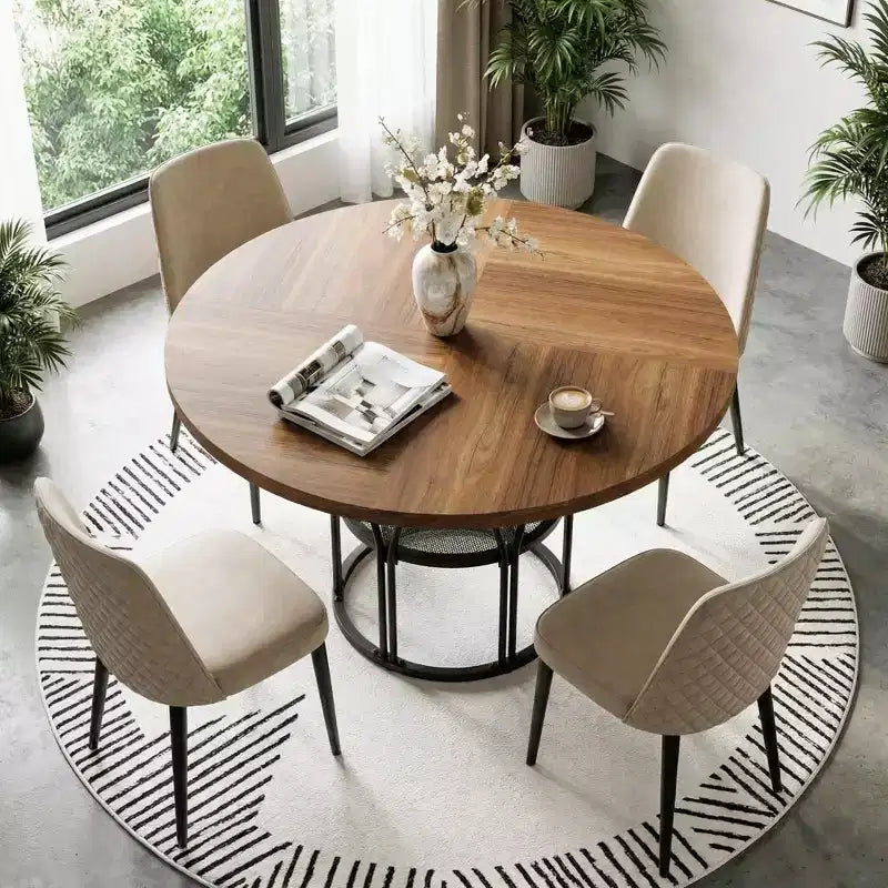 Coolmee 47 Round Dining Table with Storage, Modern Kitchen Table for 4-6, Metal Frame Circle Dinner Table for Small Space, Apartment, Living Room
