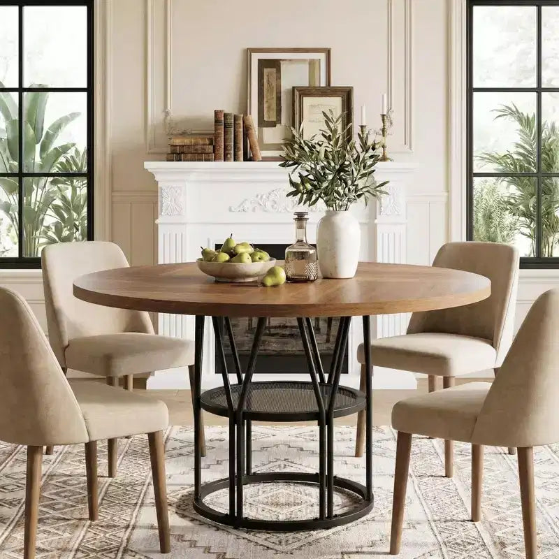 Coolmee 47 Round Dining Table with Storage, Modern Kitchen Table for 4-6, Metal Frame Circle Dinner Table for Small Space, Apartment, Living Room