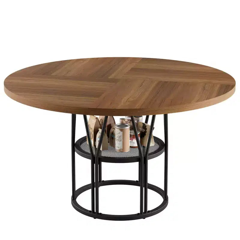 Coolmee 47 Round Dining Table with Storage, Modern Kitchen Table for 4-6, Metal Frame Circle Dinner Table for Small Space, Apartment, Living Room