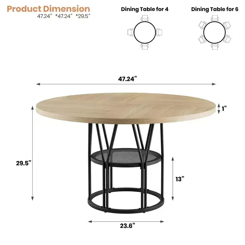 Coolmee 47 Round Dining Table with Storage, Modern Kitchen Table for 4-6, Metal Frame Circle Dinner Table for Small Space, Apartment, Living Room