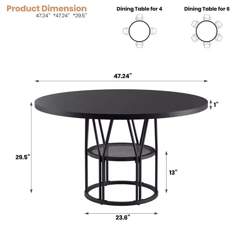 Coolmee 47 Round Dining Table with Storage, Modern Kitchen Table for 4-6, Metal Frame Circle Dinner Table for Small Space, Apartment, Living Room