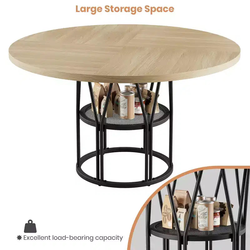 Coolmee 47 Round Dining Table with Storage, Modern Kitchen Table for 4-6, Metal Frame Circle Dinner Table for Small Space, Apartment, Living Room