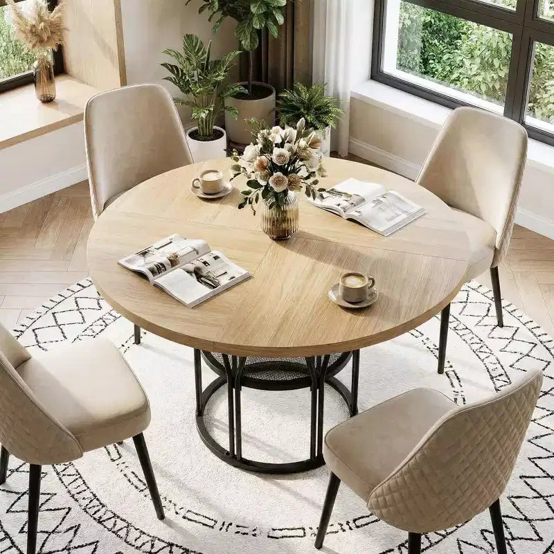 Coolmee 47 Round Dining Table with Storage, Modern Kitchen Table for 4-6, Metal Frame Circle Dinner Table for Small Space, Apartment, Living Room
