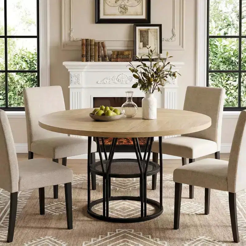 Coolmee 47 Round Dining Table with Storage, Modern Kitchen Table for 4-6, Metal Frame Circle Dinner Table for Small Space, Apartment, Living Room