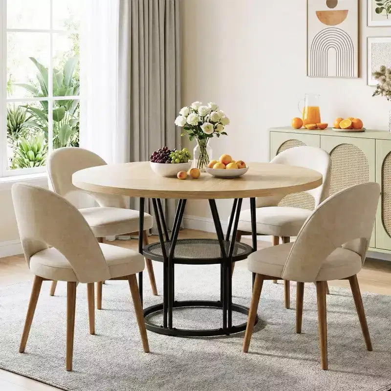Coolmee 47 Round Dining Table with Storage, Modern Kitchen Table for 4-6, Metal Frame Circle Dinner Table for Small Space, Apartment, Living Room