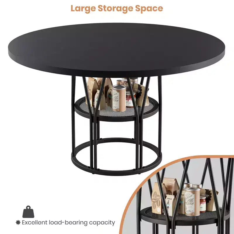 Coolmee 47 Round Dining Table with Storage, Modern Kitchen Table for 4-6, Metal Frame Circle Dinner Table for Small Space, Apartment, Living Room