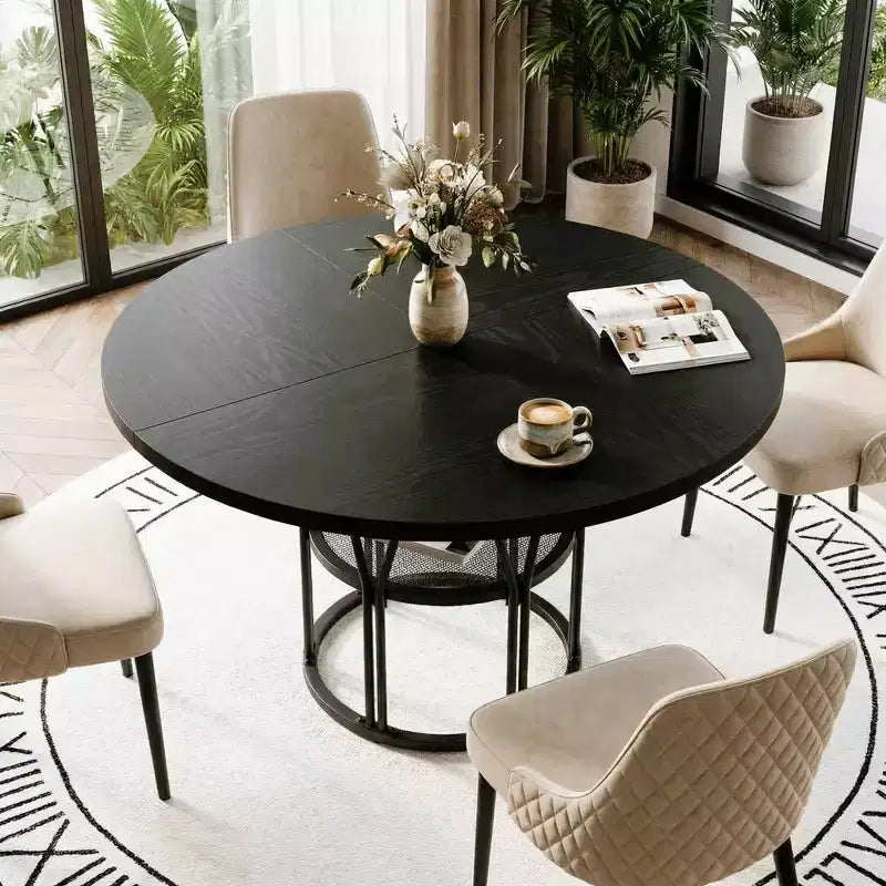Coolmee 47 Round Dining Table with Storage, Modern Kitchen Table for 4-6, Metal Frame Circle Dinner Table for Small Space, Apartment, Living Room