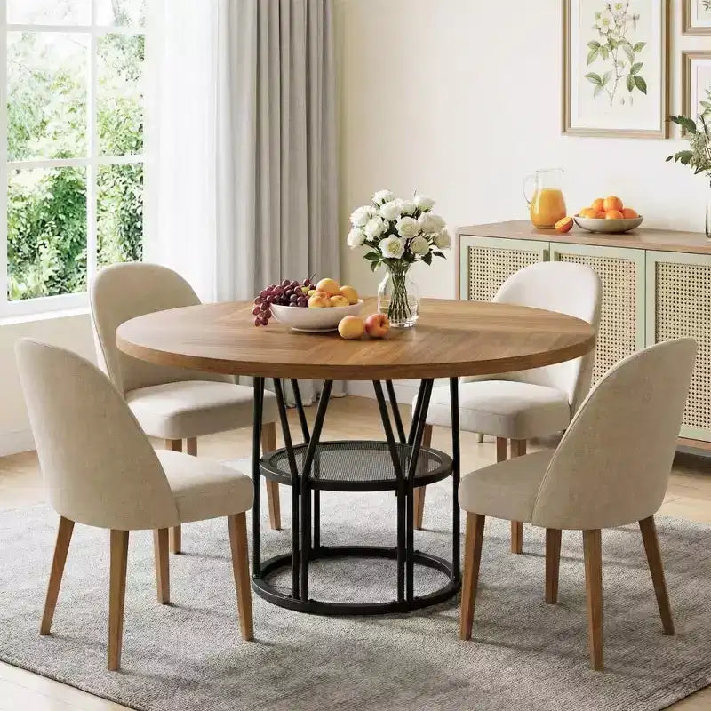 Coolmee 47 Round Dining Table with Storage, Modern Kitchen Table for 4-6, Metal Frame Circle Dinner Table for Small Space, Apartment, Living Room