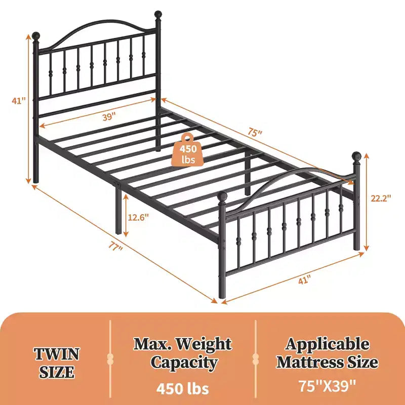 Metal Platform Bed Frame with Wrought Iron, Art Headboard and Footboard, Mattress Foundation, Under Bed Storage, No Box Spring Required