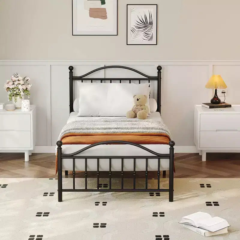 Metal Platform Bed Frame with Wrought Iron, Art Headboard and Footboard, Mattress Foundation, Under Bed Storage, No Box Spring Required