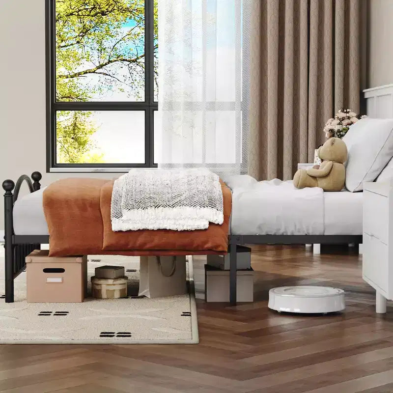 Metal Platform Bed Frame with Wrought Iron, Art Headboard and Footboard, Mattress Foundation, Under Bed Storage, No Box Spring Required