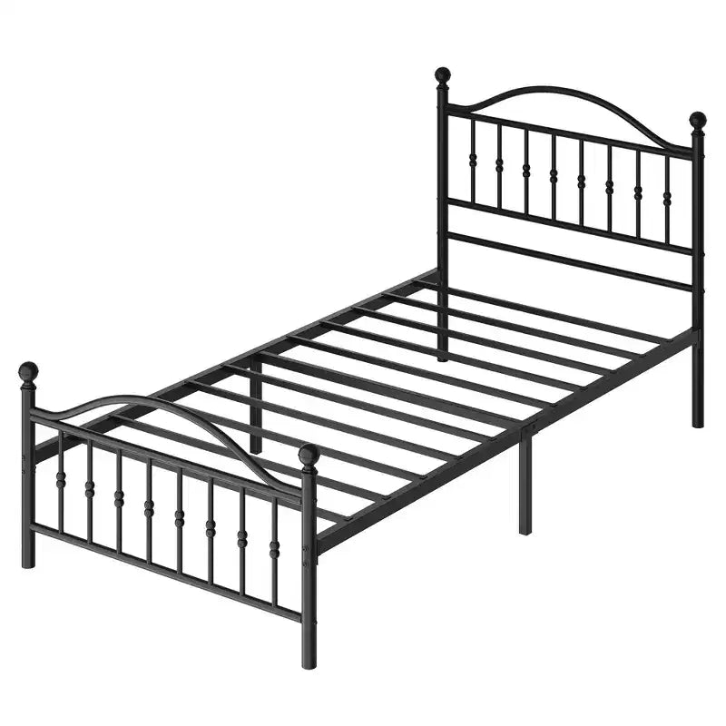 Metal Platform Bed Frame with Wrought Iron, Art Headboard and Footboard, Mattress Foundation, Under Bed Storage, No Box Spring Required
