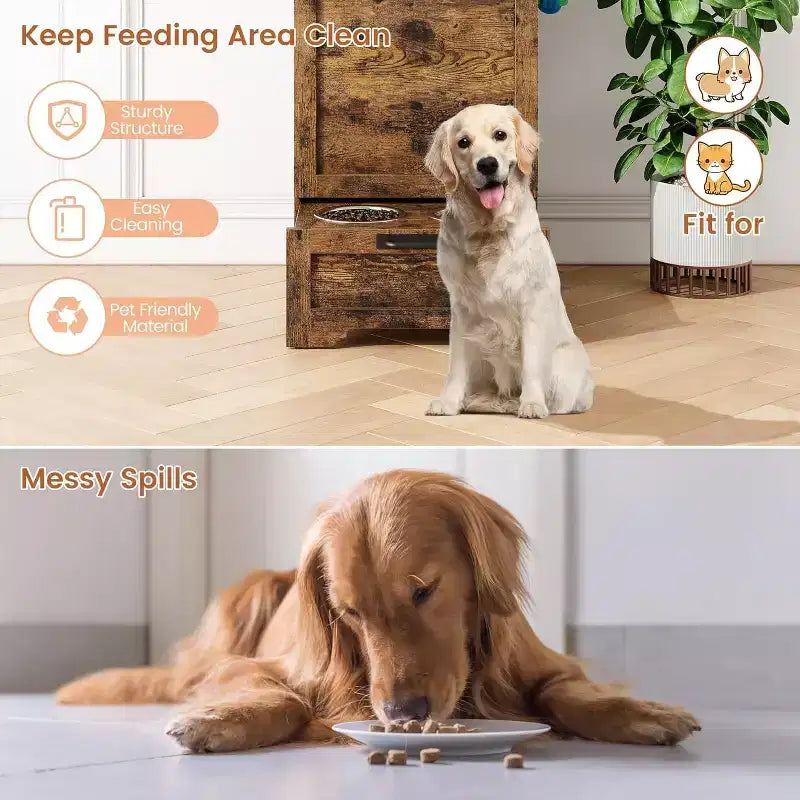 Elevated Dog Feeding Station with Storage Cabinet - Includes 2 Raised Bowls,3 Hooks, and Hidden Food Container Organizer for Pet Food and Accessories