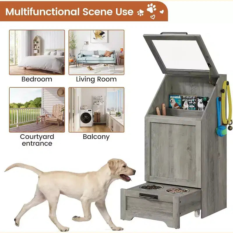 Elevated Dog Feeding Station with Storage Cabinet - Includes 2 Raised Bowls,3 Hooks, and Hidden Food Container Organizer for Pet Food and Accessories