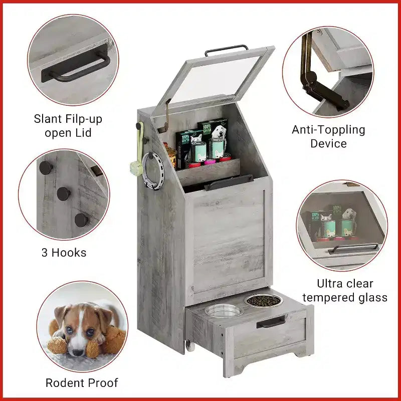 Elevated Dog Feeding Station with Storage Cabinet - Includes 2 Raised Bowls,3 Hooks, and Hidden Food Container Organizer for Pet Food and Accessories