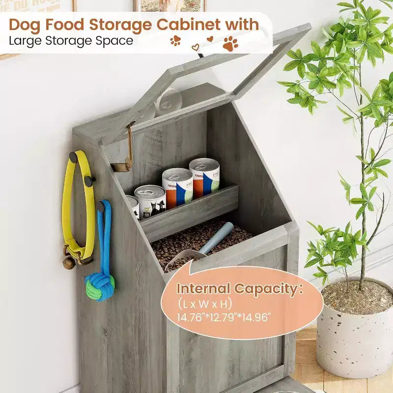 Elevated Dog Feeding Station with Storage Cabinet - Includes 2 Raised Bowls,3 Hooks, and Hidden Food Container Organizer for Pet Food and Accessories