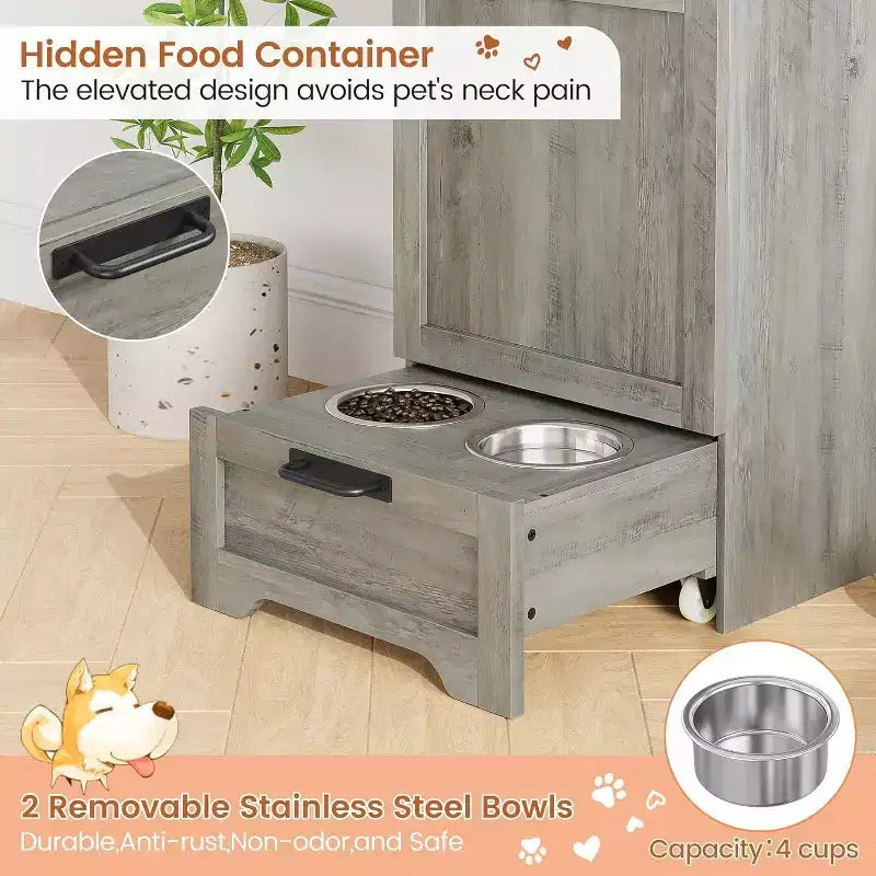Elevated Dog Feeding Station with Storage Cabinet - Includes 2 Raised Bowls,3 Hooks, and Hidden Food Container Organizer for Pet Food and Accessories